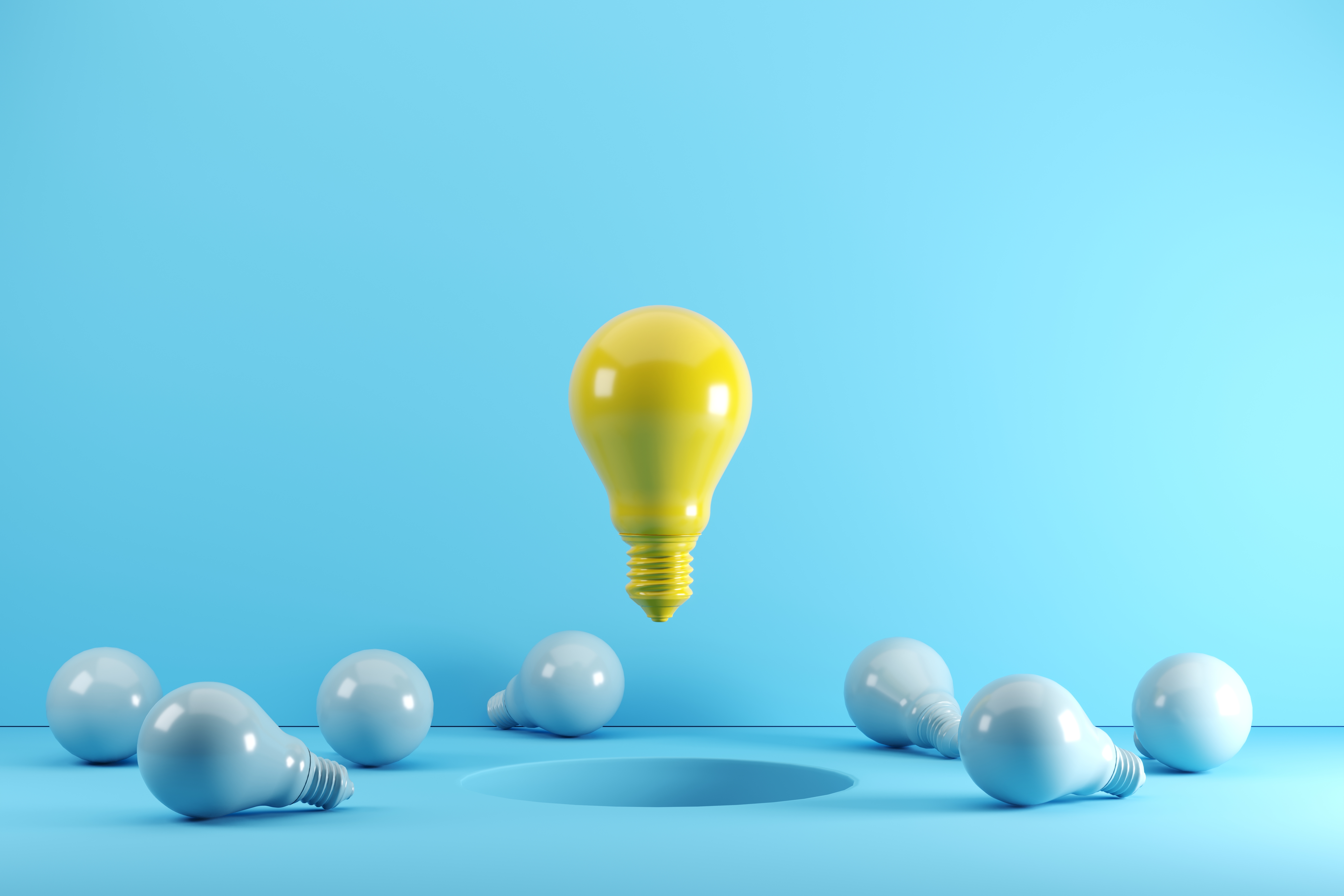 A yellow Light bulb floating on hole Surrounded with blue light bulbs. Idea creative Concept. 3D render.