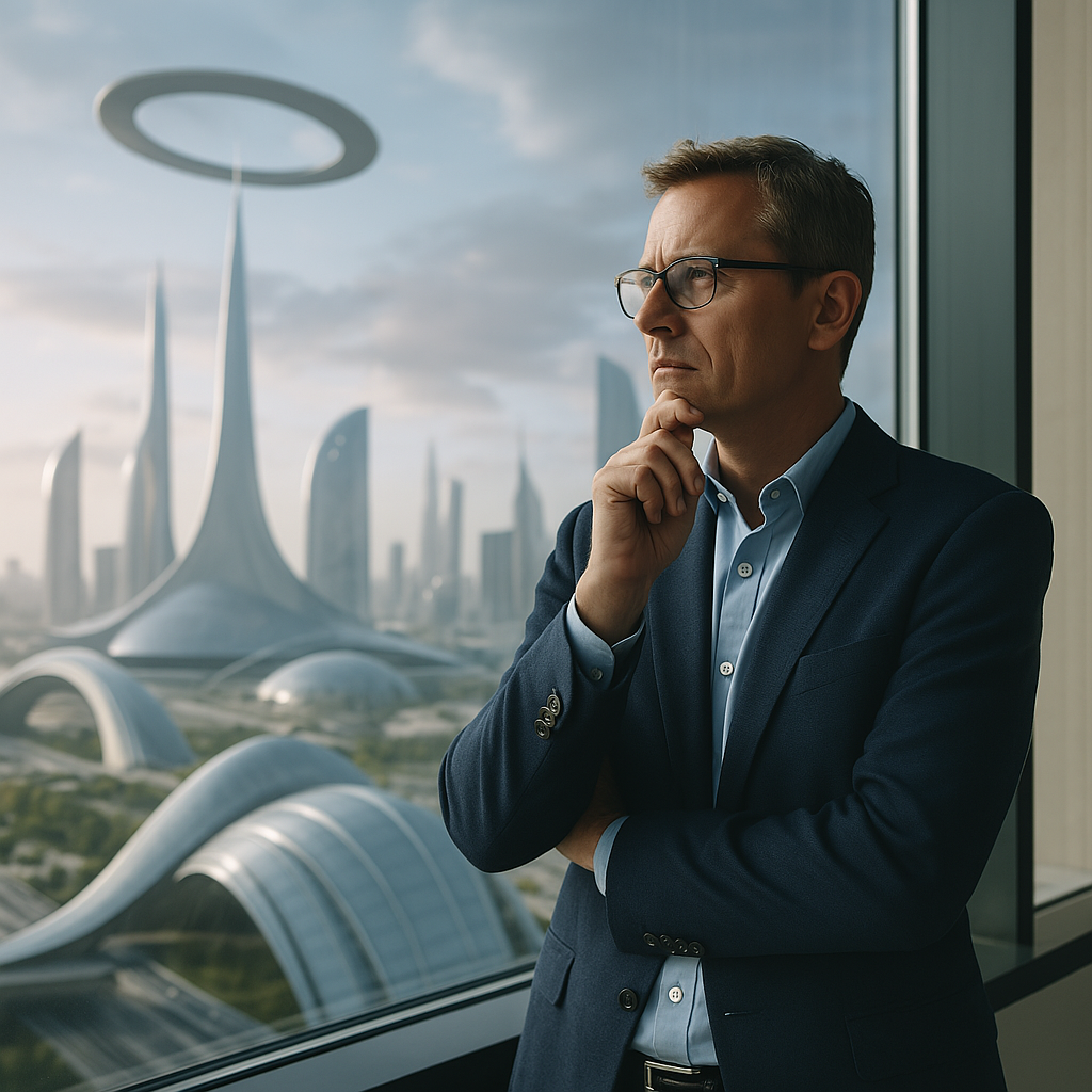 Hombre de negocios del futuro, observa por la ventana mientras piensa en algo