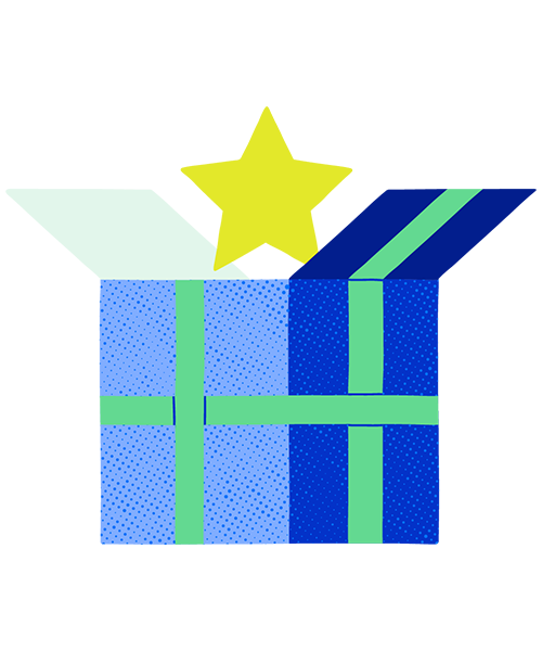 Caja de regalo abierta y de ella sale una estrella amarilla