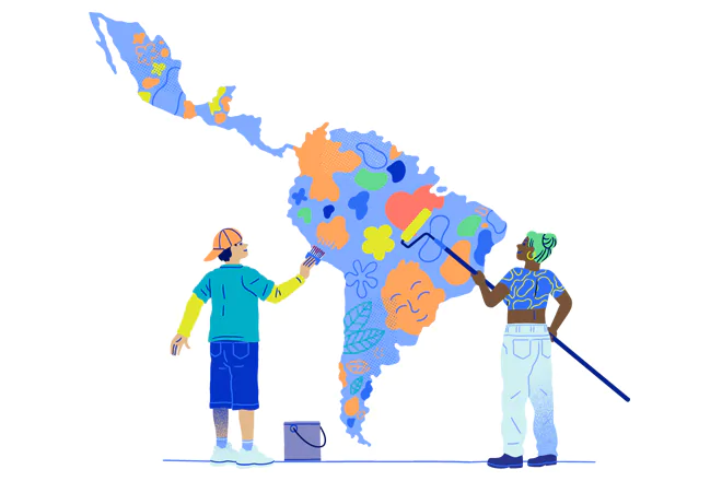 Personas con pinceles y brochas pintan el mapa de centro y sur América