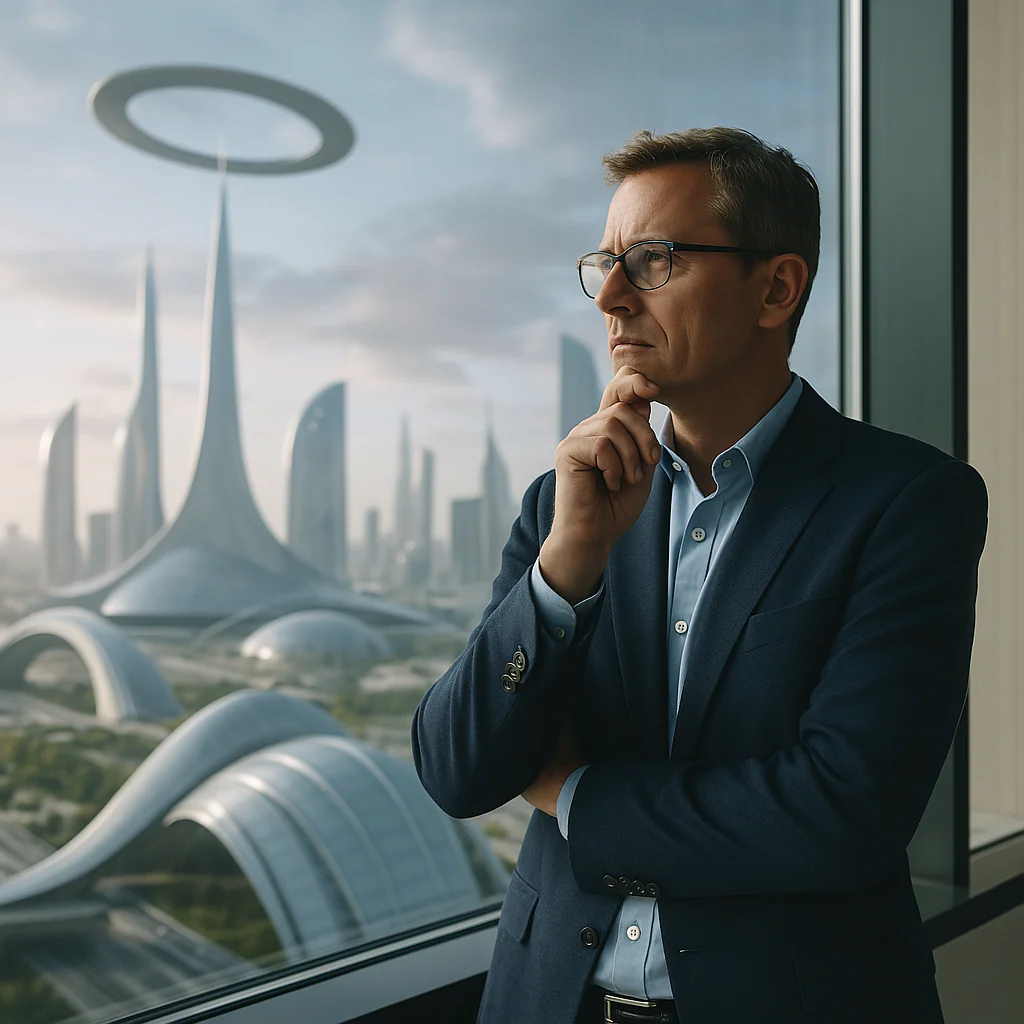 Hombre de negocios del futuro, observa por la ventana mientras piensa en algo
